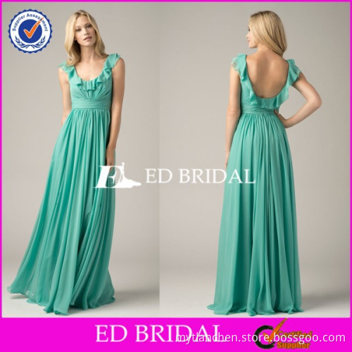 CE1048 Scoop Neckline Backless Ruffles Long Aqua Color Bridesmaid Dresses
